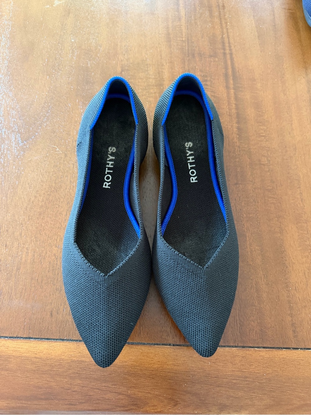 Rothy's Black Pointed Knit Flats with Royal Blue Trim